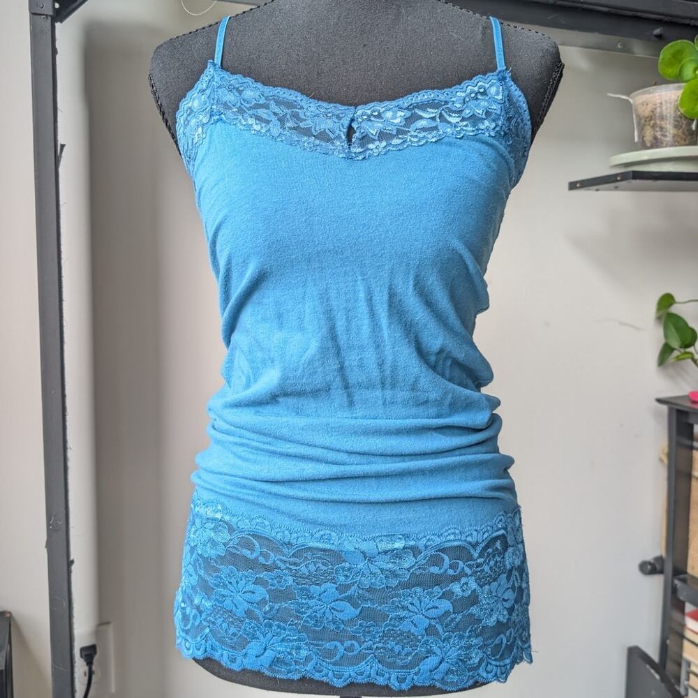 Lace Y2K Cami Size Medium 90s Tank Top Adjustable Spaghetti Straps Blue Layering